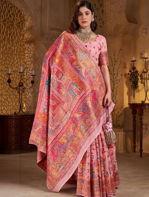 Pink ethnic motifs embroidered silk blend heavy work banarasi saree 4