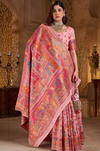 Pink ethnic motifs embroidered silk blend heavy work banarasi saree