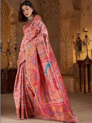Pink ethnic motifs embroidered silk blend heavy work banarasi saree 5