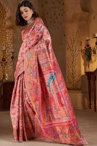 Pink ethnic motifs embroidered silk blend heavy work banarasi saree