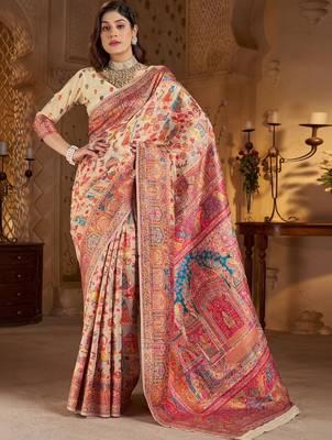 Cream ethnic motifs zari silk blend heavy work banarasi saree 1