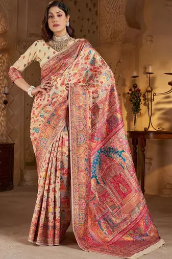 Cream ethnic motifs zari silk blend heavy work banarasi saree