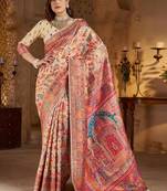 Cream ethnic motifs zari silk blend heavy work banarasi saree