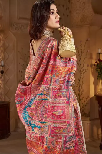 Cream ethnic motifs zari silk blend heavy work banarasi saree