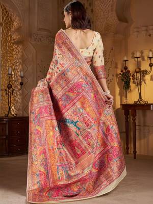 Cream ethnic motifs zari silk blend heavy work banarasi saree 3