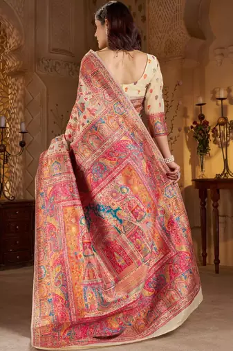 Cream ethnic motifs zari silk blend heavy work banarasi saree