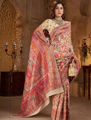 Cream ethnic motifs zari silk blend heavy work banarasi saree 4