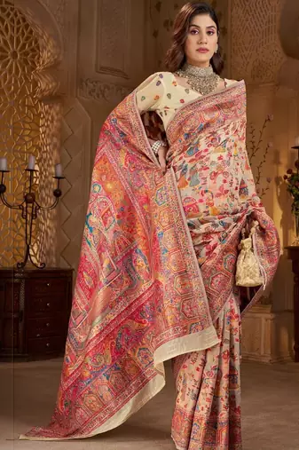 Cream ethnic motifs zari silk blend heavy work banarasi saree