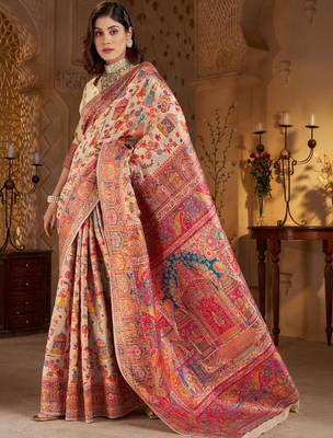 Cream ethnic motifs zari silk blend heavy work banarasi saree 5