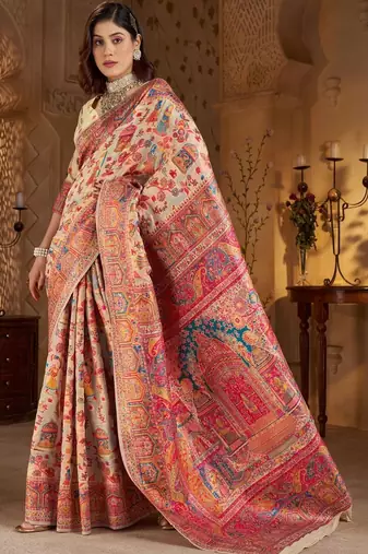 Cream ethnic motifs zari silk blend heavy work banarasi saree