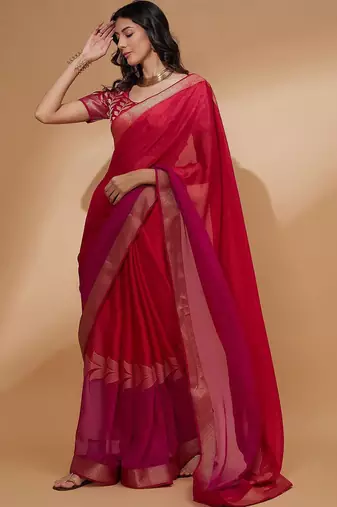 Pink pink floral woven design zari detailed  chiffon saree