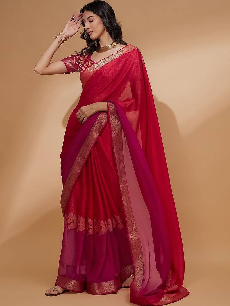 Pink pink floral woven design zari detailed  chiffon saree