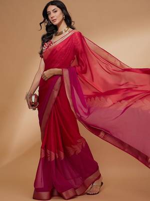 Pink pink floral woven design zari detailed  chiffon saree 2