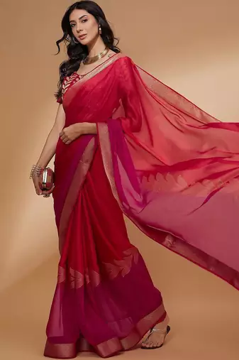 Pink pink floral woven design zari detailed  chiffon saree