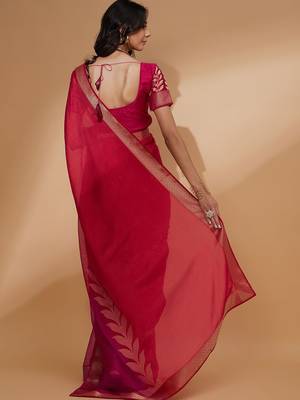 Pink pink floral woven design zari detailed  chiffon saree 3