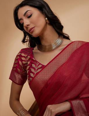 Pink pink floral woven design zari detailed  chiffon saree 5