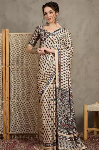 Cream ethnic motifs ajrak printed  crepe block print saree