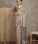 Cream ethnic motifs ajrak printed  crepe block print saree