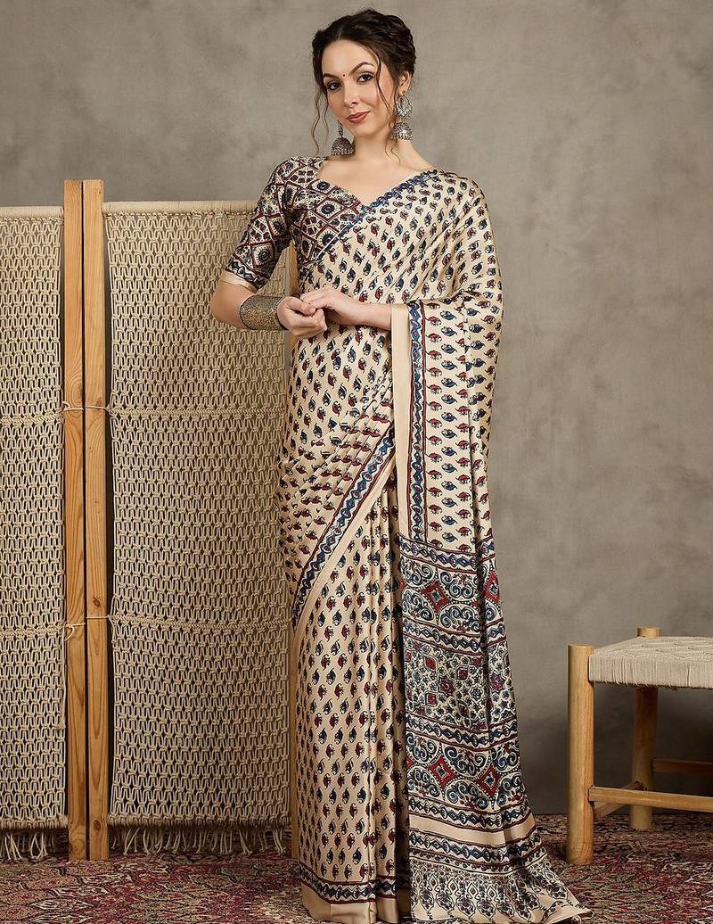 Cream ethnic motifs ajrak printed  crepe block print saree