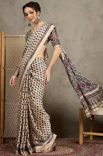 Cream ethnic motifs ajrak printed  crepe block print saree