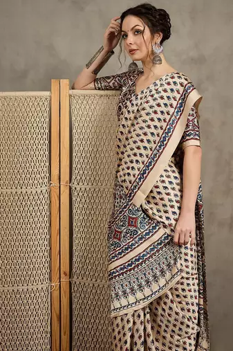 Cream ethnic motifs ajrak printed  crepe block print saree
