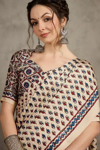 Cream ethnic motifs ajrak printed  crepe block print saree