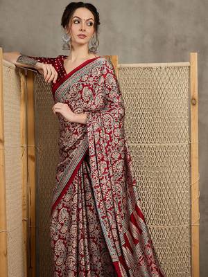 Red floral ajrak printed  crepe block print saree 1