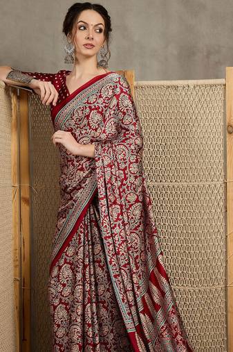 Red floral ajrak printed  crepe block print saree