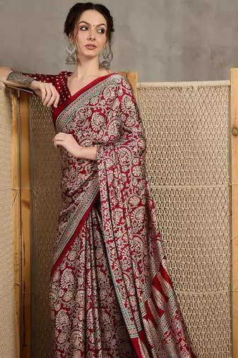 Red floral ajrak printed  crepe block print saree