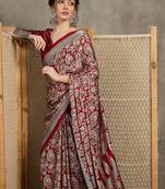 Red floral ajrak printed  crepe block print saree