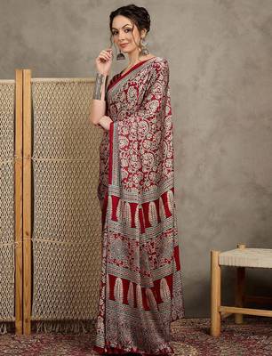 Red floral ajrak printed  crepe block print saree 2