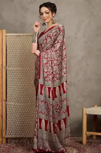 Red floral ajrak printed  crepe block print saree