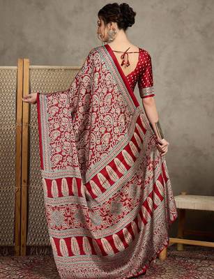 Red floral ajrak printed  crepe block print saree 3