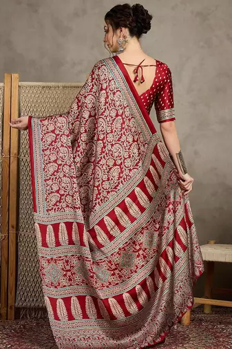 Red floral ajrak printed  crepe block print saree