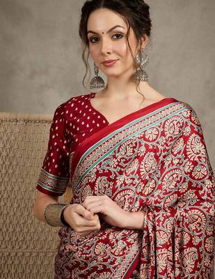 Red floral ajrak printed  crepe block print saree 4