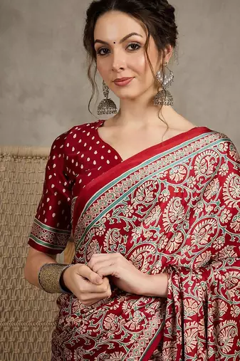 Red floral ajrak printed  crepe block print saree