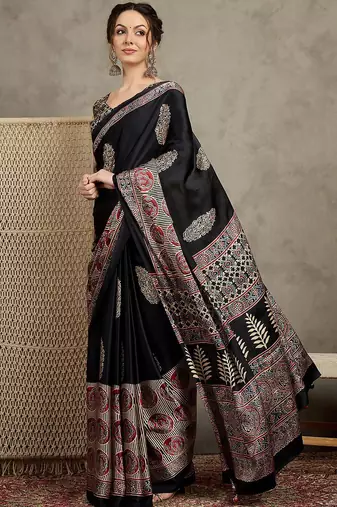 Black women floral ajrak  crepe block print saree