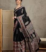 Black women floral ajrak  crepe block print saree