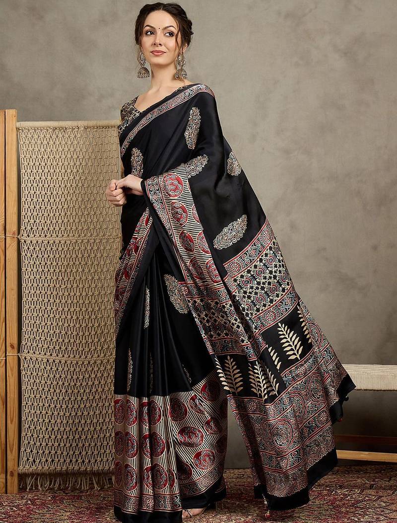 Black women floral ajrak  crepe block print saree