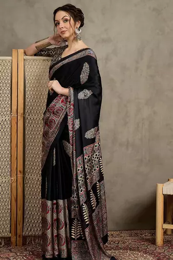 Black women floral ajrak  crepe block print saree