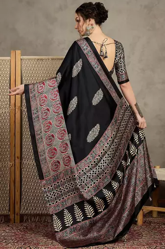 Black women floral ajrak  crepe block print saree