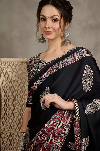 Black women floral ajrak  crepe block print saree