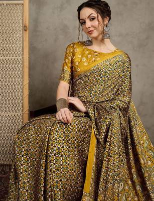 Mustard floral ajrak printed  crepe block print saree 1