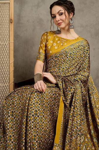 Mustard floral ajrak printed  crepe block print saree