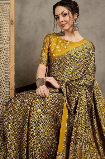 Mustard floral ajrak printed  crepe block print saree