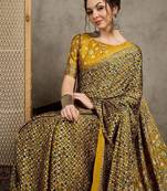 Mustard floral ajrak printed  crepe block print saree