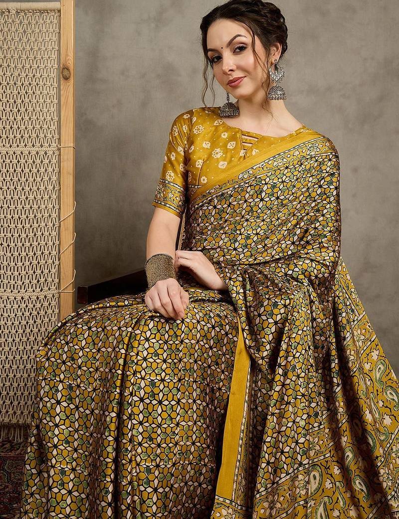 Mustard floral ajrak printed  crepe block print saree