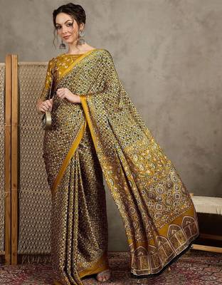 Mustard floral ajrak printed  crepe block print saree 2