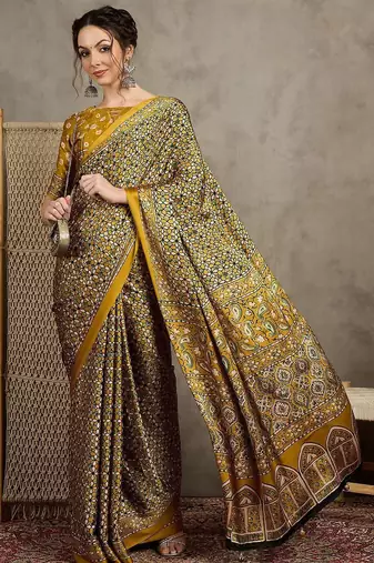 Mustard floral ajrak printed  crepe block print saree