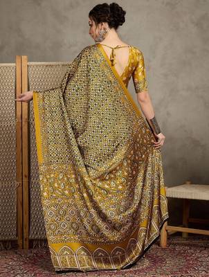 Mustard floral ajrak printed  crepe block print saree 3